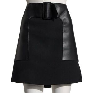 CELINE BLACK BELTED LEATHER & WOOL SKIRT SIZE FR 34, US XS